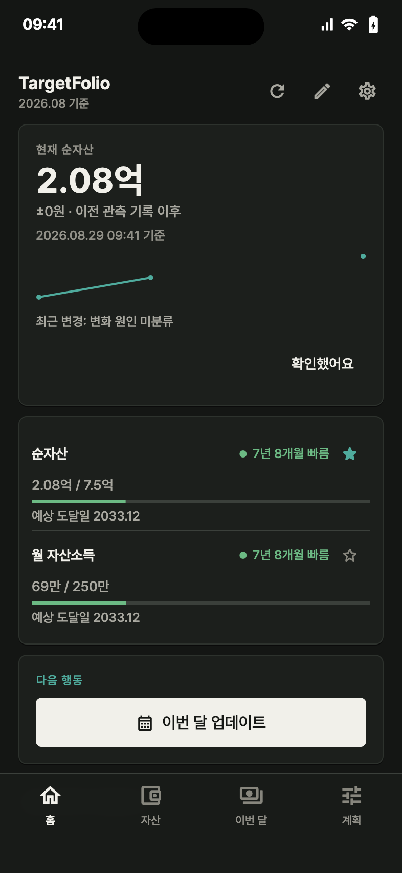 다크 모드로 표시된 TargetFolio 홈 진단 화면